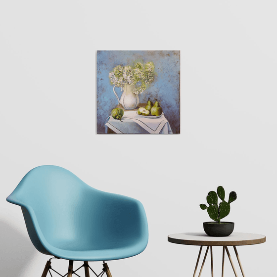 "Still Life with Hydrangea and Pears"  pears  liGHt original painting PALETTE KNIFE  GIFT (2019)