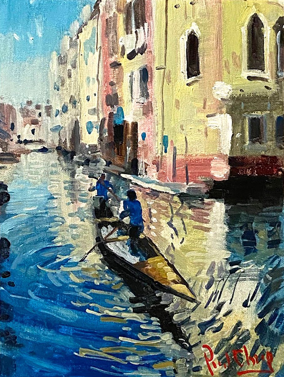 Impressionistic Cityscapes Oil Painting By Paul Cheng, 9 X 12", Venice Sunset #13, Original Artwork