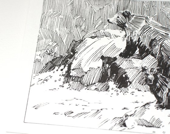 Family of bears on the river, small ink pen drawing, forest animals