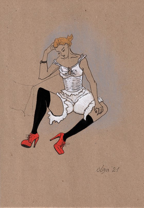 Portrait Woman in white underwear and red shoes - Sensual figure study - Gift idea