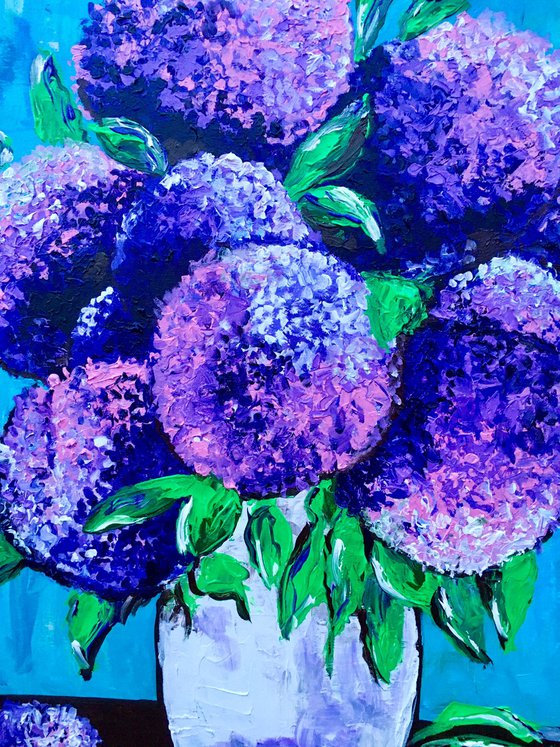 BOUQUET OF Purple and Pink  hydrangea on turquoise in a white vase palette  knife Original Acrylic painting office home decor gift