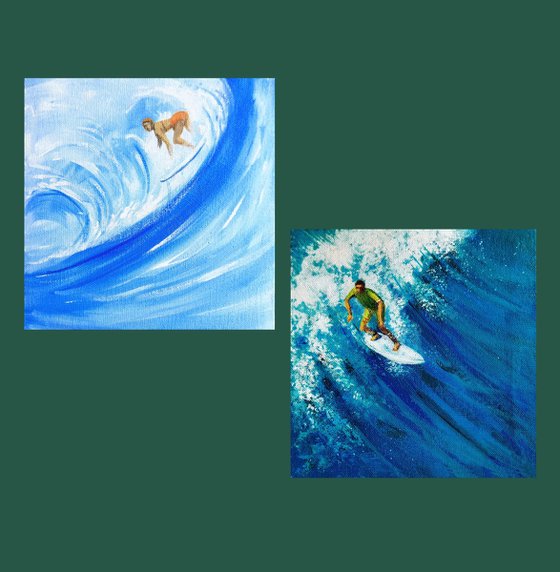 Set of Two Surfers in the blue sea