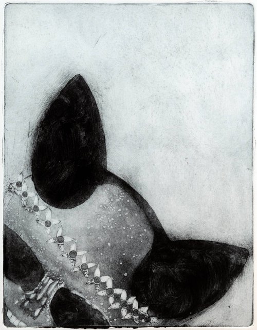 DISCOGIRL hand printed etching of a skull with cute cat ears by Mark Lloyd Williams