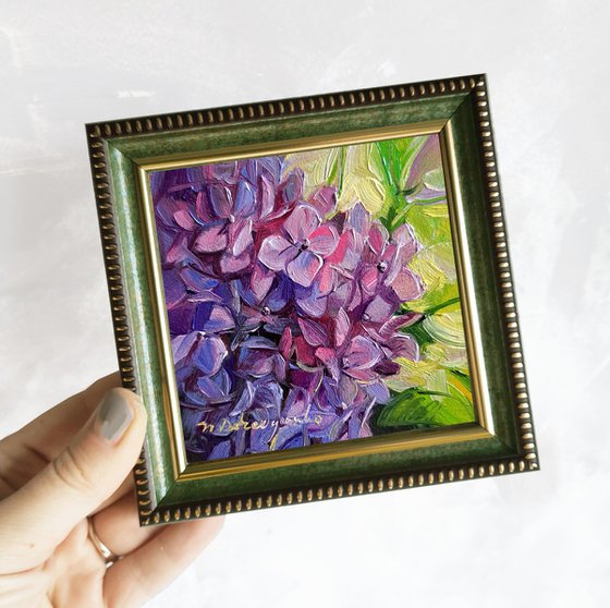 Hydrangea flowers oil painting original, Purple flower small painting framed