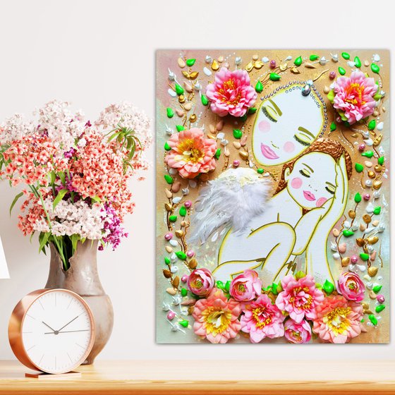 Love Mother Earth and baby angel. Summer floral woman with pink flowers