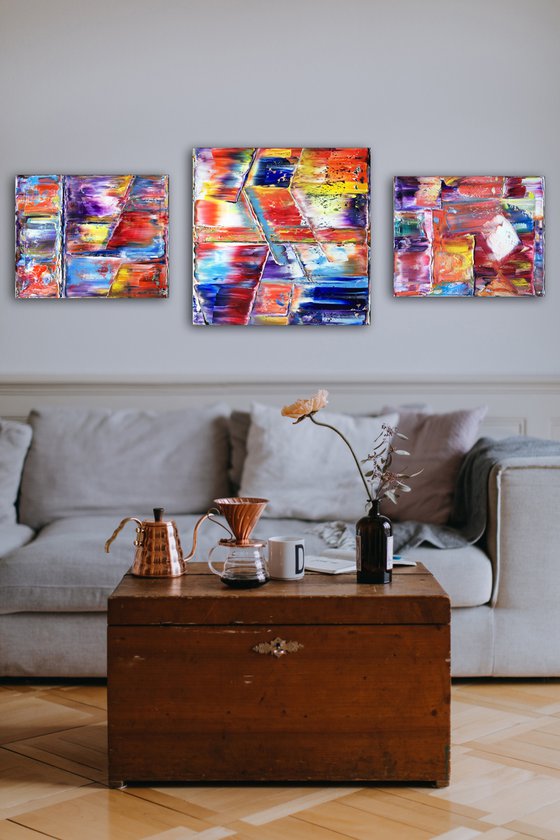 "Seeing All The Angles" - FREE USA SHIPPING - Original PMS Abstract Triptych Oil Paintings On Canvas - 64" x 24"