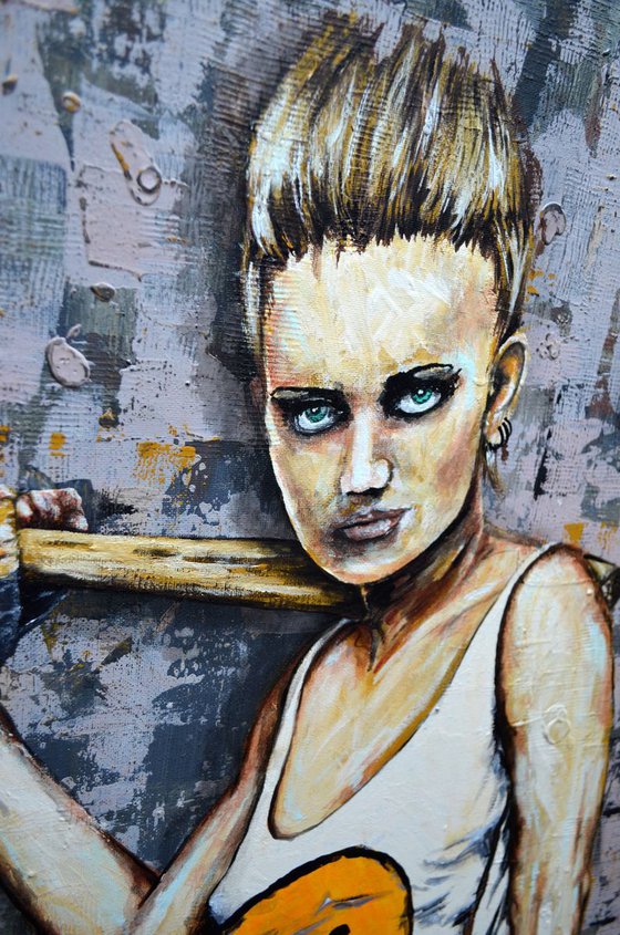 Punk Girl - Original Modern Portrait Painting Art on Canvas with Frame Ready To Hang