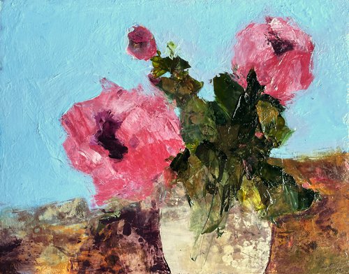 Pink Flowers On Blue by Lena Ru