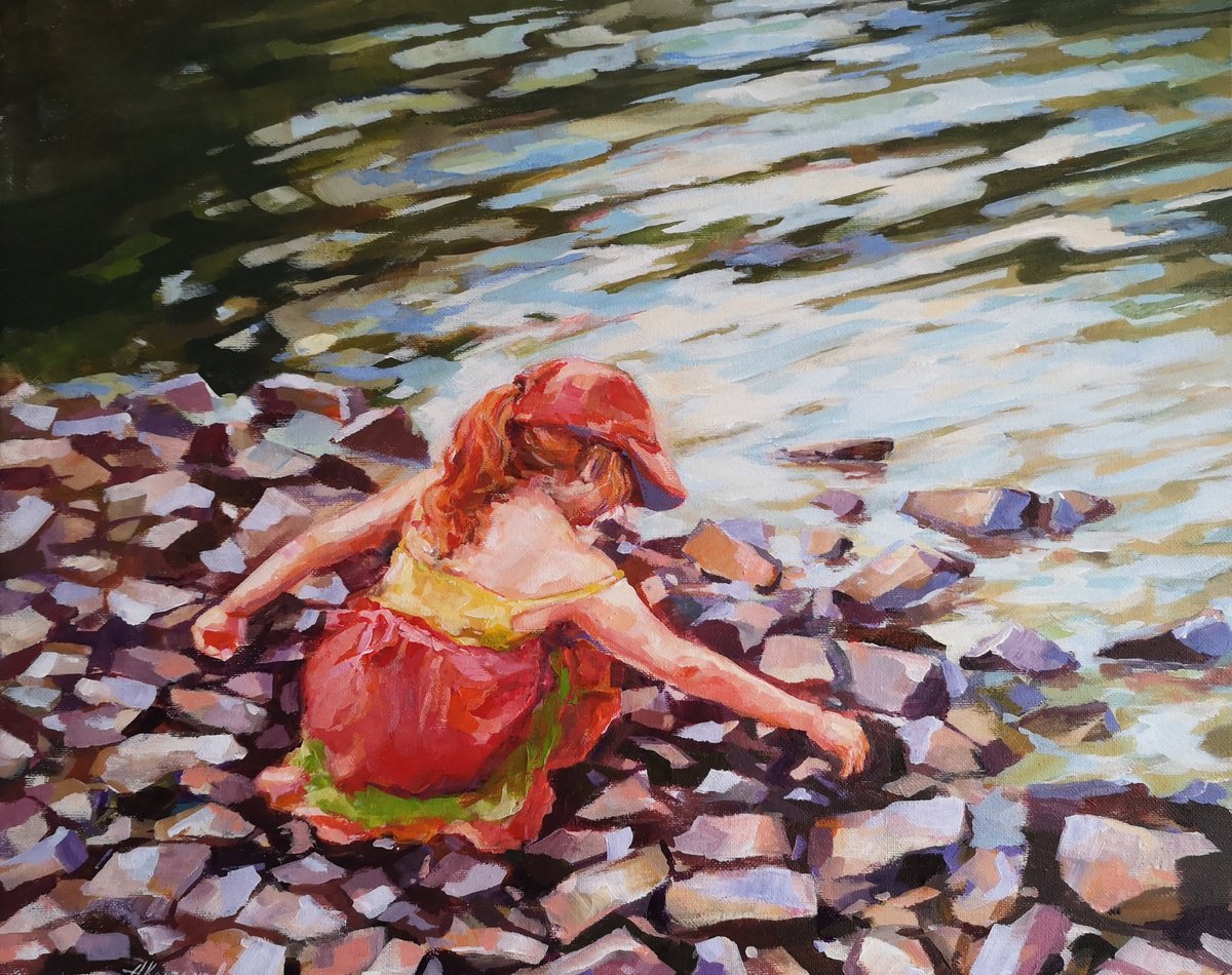 Impressionistic Portrait Acrylic Painting By Alexander Koltakov, 20 X 16, Playing By The Water, Original Artwork