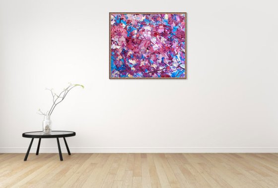 SAKURA BLOSSOM - abstract floral original oil on canvas painting, blue rose cherry-tree, Japan