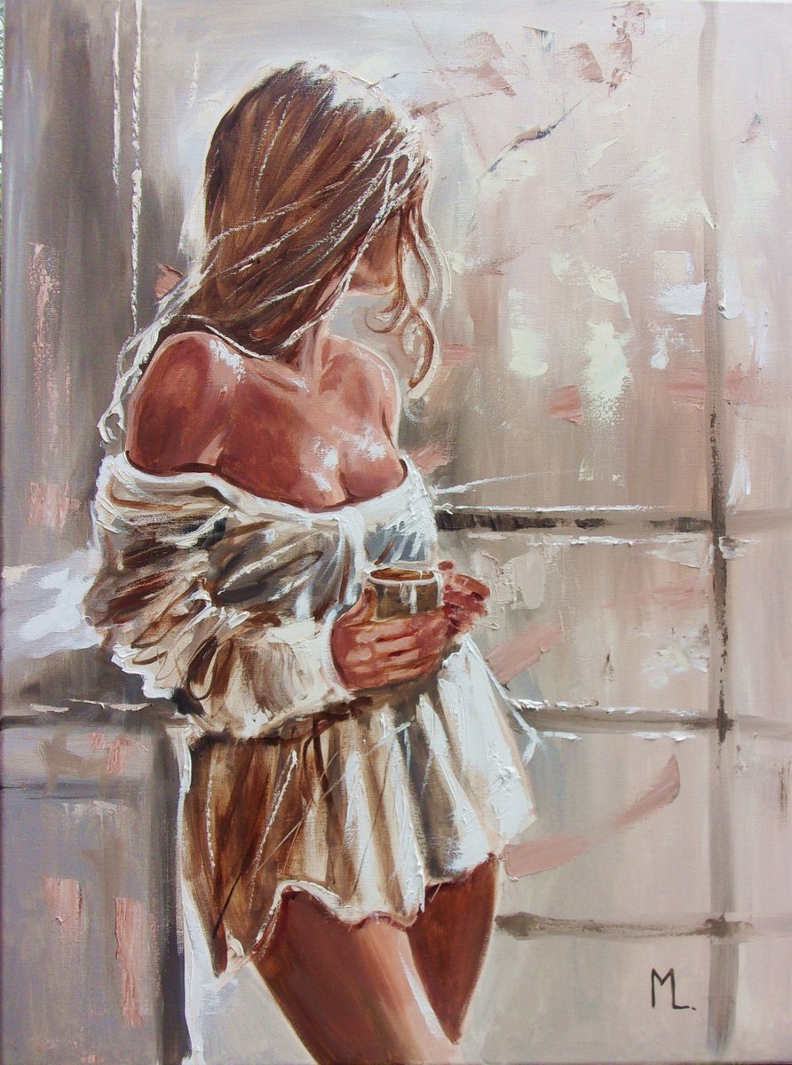 Expressive Portrait Oil Painting By Monika Luniak, 24 X 31", " Morning Light With Coffee ", Original Artwork