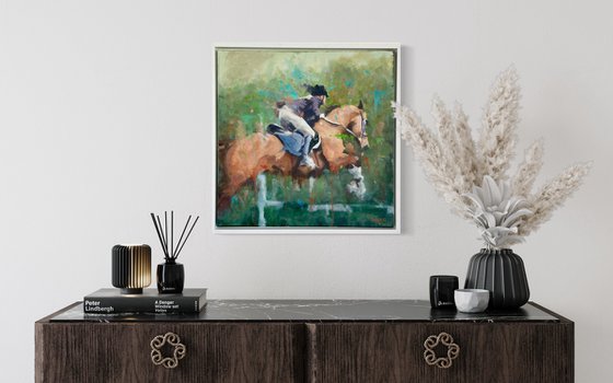 Whiskey - Framed Show jumping Oil Painting - 55cm x 55cm