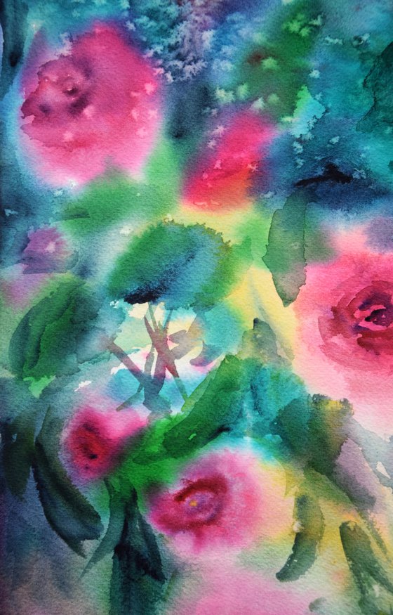 Roses Watercolor Painting, Abstract Wall Art, Pink Flowers Original Artwork