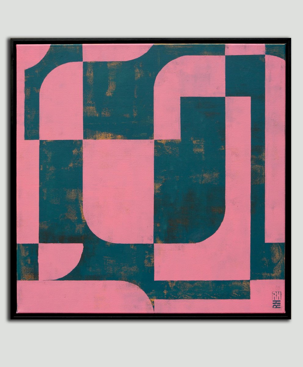 Abstract Acrylic Painting By Ronald Hunter, 33 X 33", Circle In Circle Pink & Blue, Original Artwork