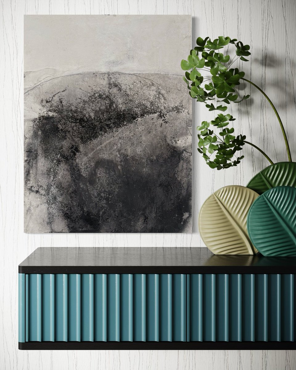 Abstract Landscape Painting By Marilina Marchica, 20 X 28", Landscape Bw-Etna Trace, Original Artwork