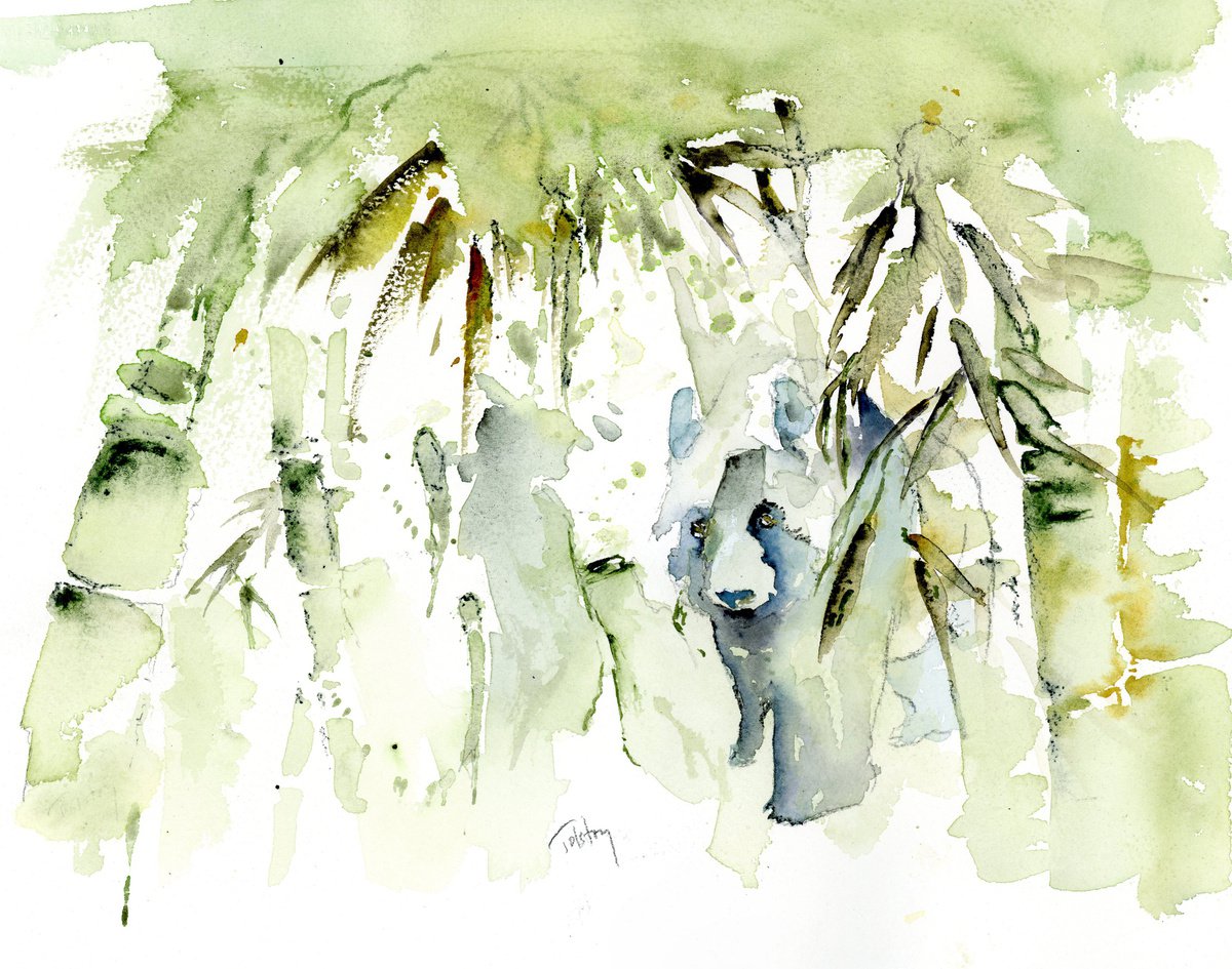 Impressionistic Animal Watercolour By Alex Tolstoy, 14 X 11, Out Of The Bamboo, Original Artwork