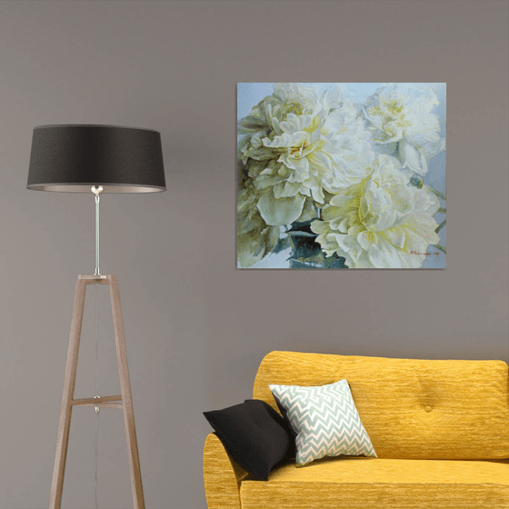 Three white peonies 90x80