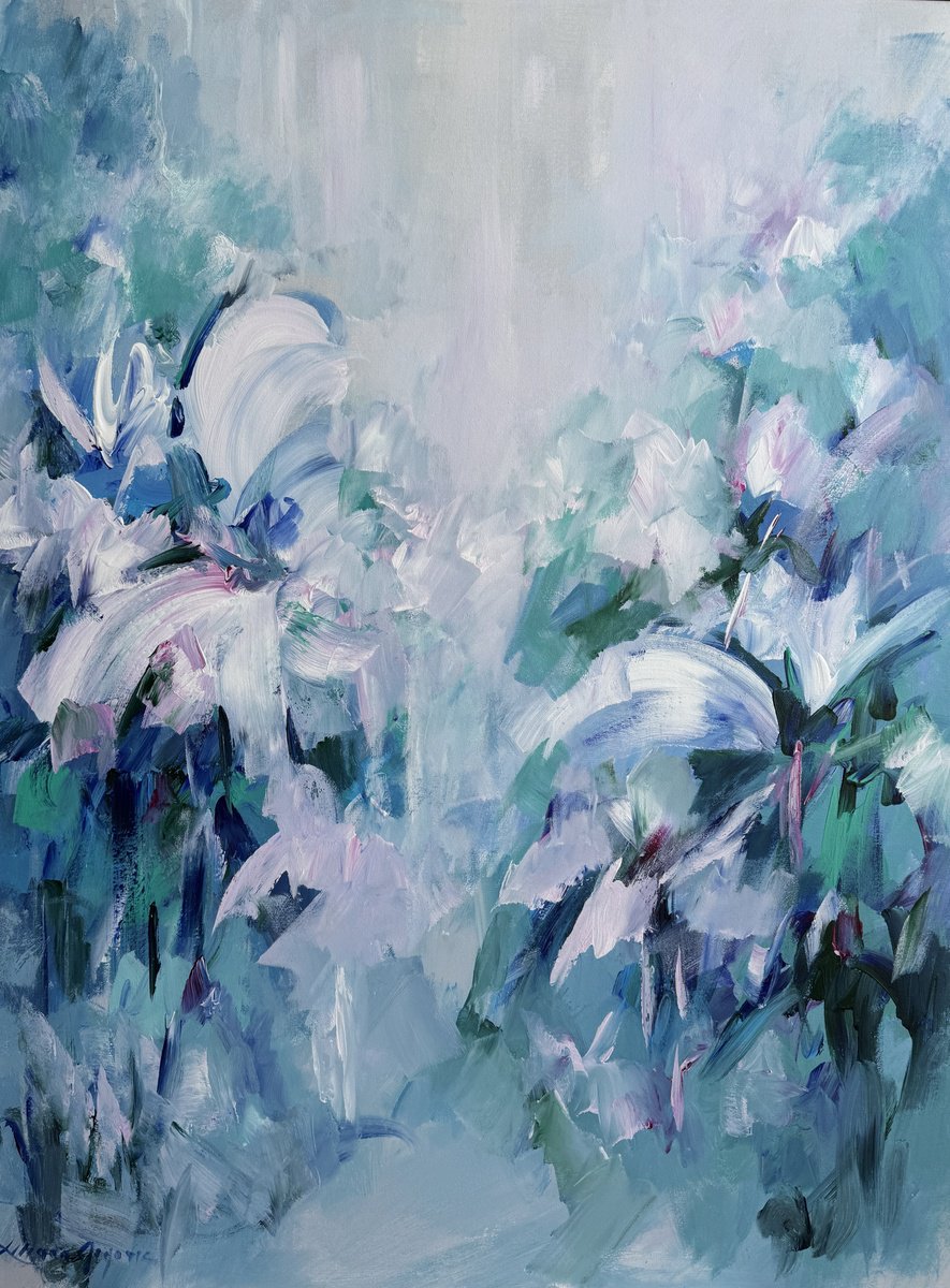 Abstract Botanical Acrylic Painting By Liliana Gigovic, 36 X 48", Silent Bloom, Original Artwork