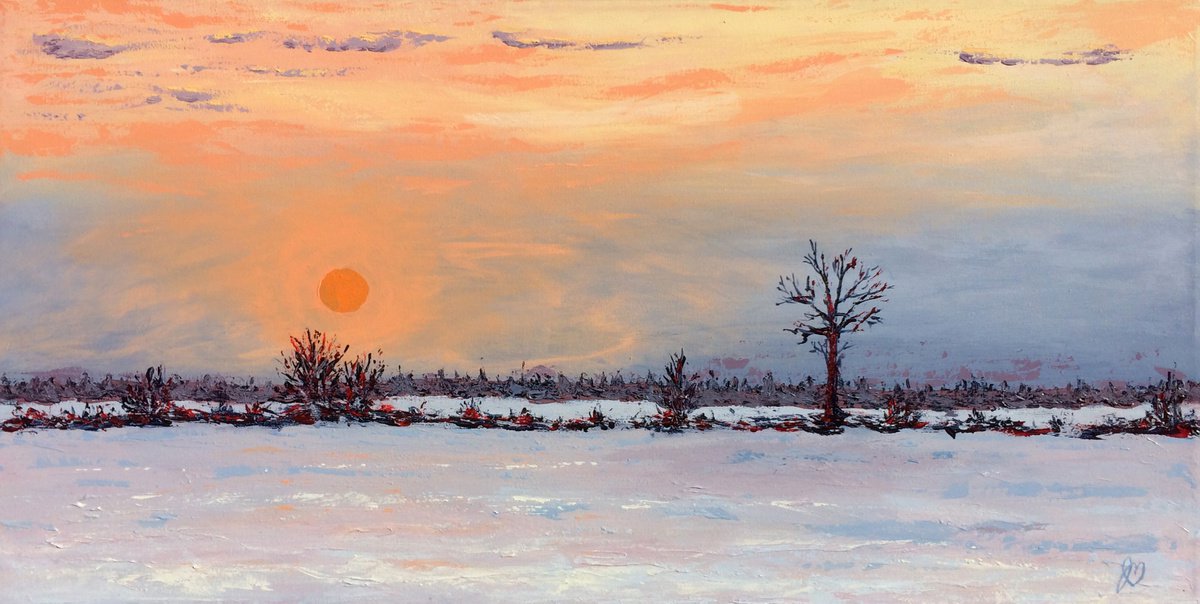 Expressive Landscape Acrylic Painting By Jules Morissette, 36 X 18", Winter Twilight, # 150, Original Artwork