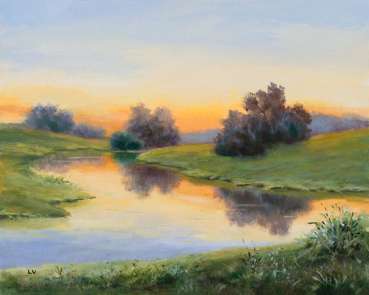 Photorealistic Landscape Oil Painting By Lucia Verdejo, 9 X 11", Soft Sunrise Sky On The River, Original Artwork