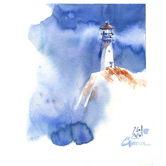 Landscape "Be the light" original watercolor artwork in square format