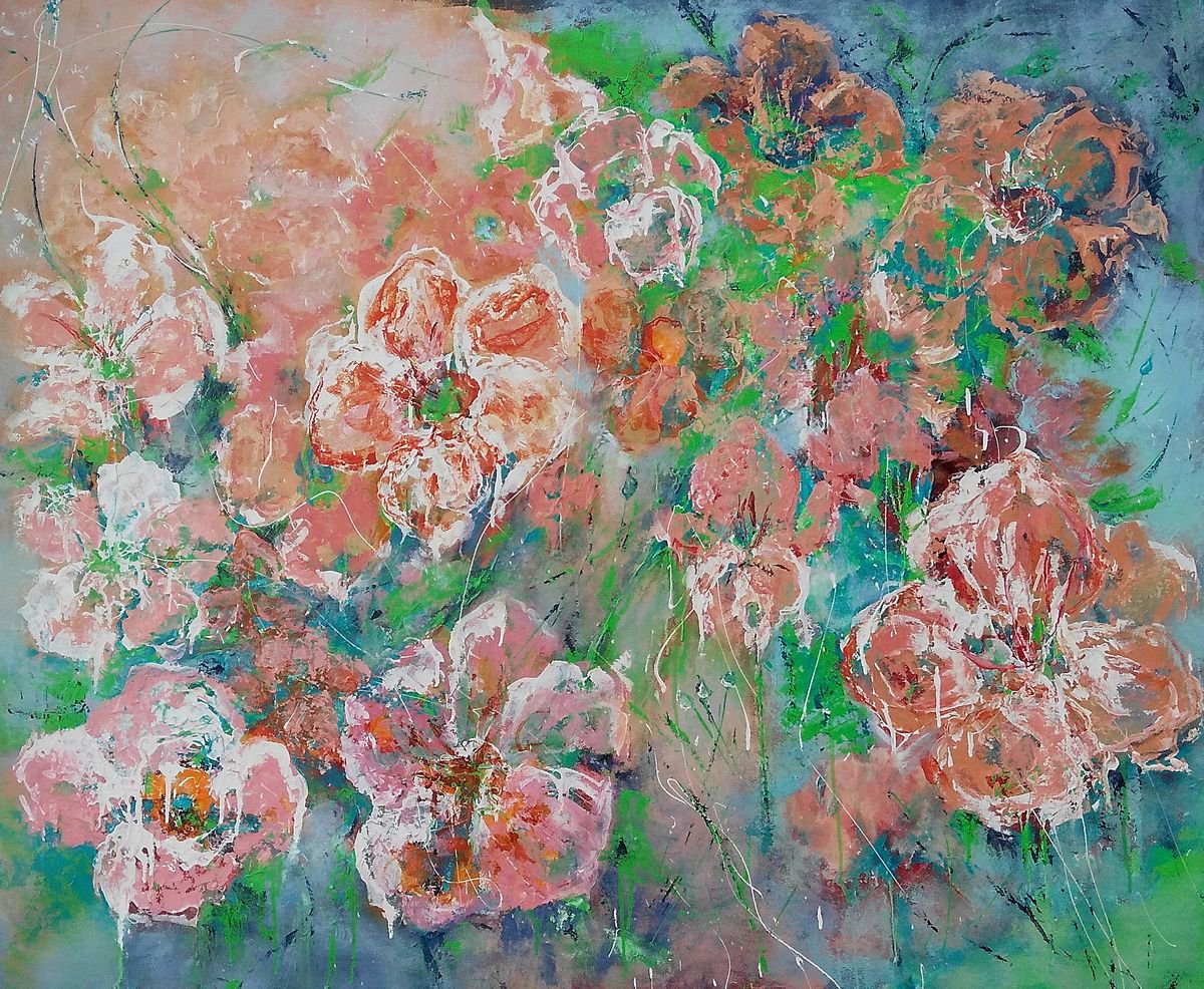 FLOWER MOOD, 126 x 106 cm, abstract spring flowers large painting by Emilia Milcheva