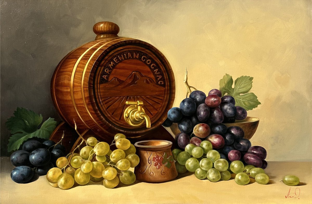 Photorealistic Still Life Oil Painting By Tamar Nazaryan, 24 X 16", Still Life With Armenian Brandy, Original Artwork