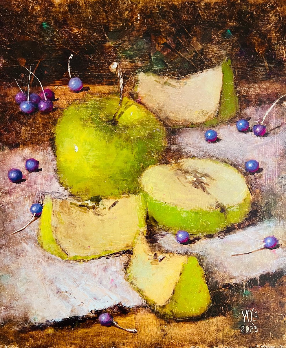 Impressionistic Still Life Oil Painting By Yulia Odukalets, 12 X 14", Green Apples On Dark, Original Artwork