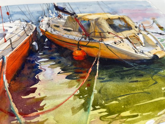 Yachts in the port. Watercolor painting