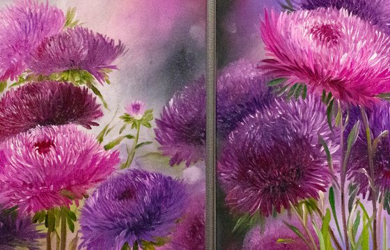 Asters   flowers, multi-panelled, original oil painting on canvas.