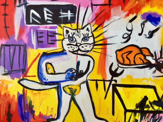 Rice with Chicken version of famous painting by Jean-Michel Basquiat with cats