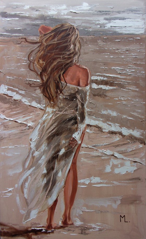 " WINDY... "  SUN SKY SEA SAND liGHt  ORIGINAL OIL PAINTING, GIFT, PALETTE KNIFE