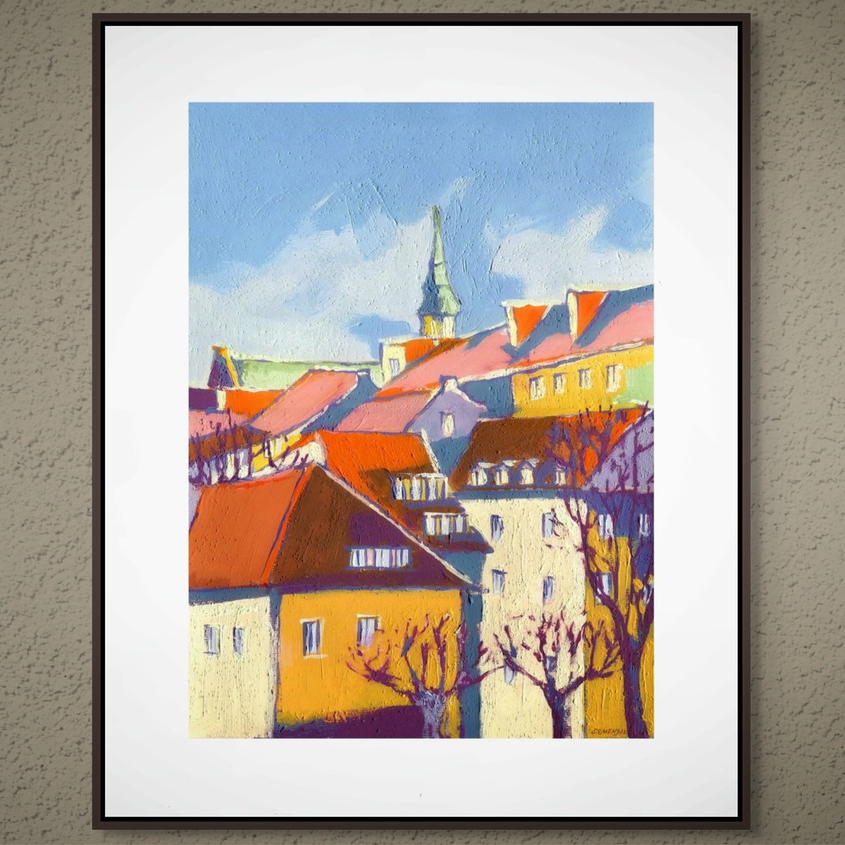 Abstract Cityscapes Acrylic Painting By Evgen Semenyuk, 16 X 20, Roofs Of The Old Town, Original Artwork