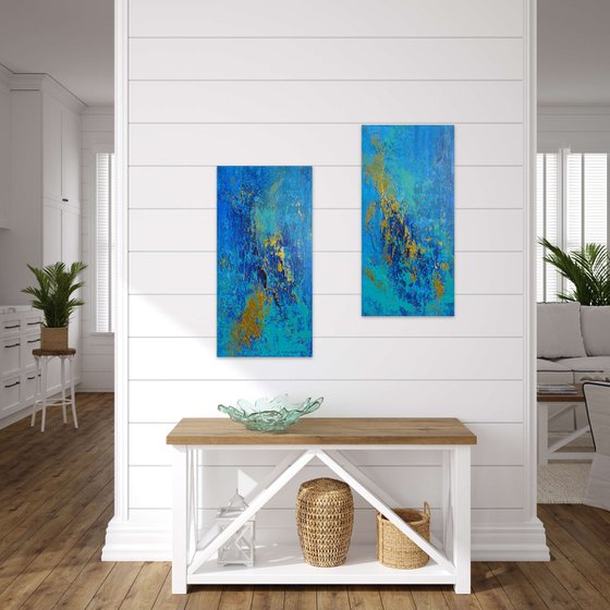 Large Blue and Gold Abstract Textured Painting. Modern Art on Canvas with Structures. Dyptych