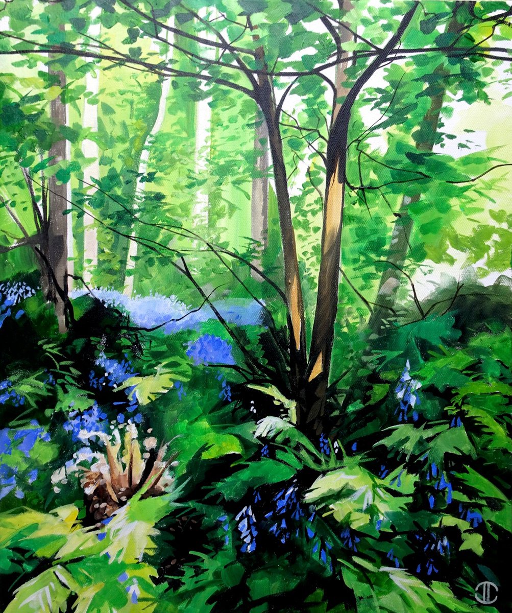 Impressionistic Landscape Acrylic Painting By Joseph Lynch, 20 X 24, Bluebells In The Glen, Original Artwork