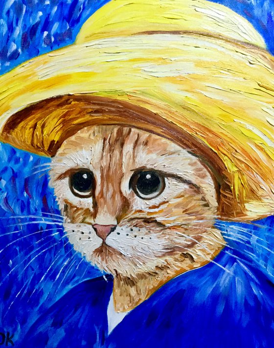 Cat La Van Gogh in a straw hat modern oil painting feline art Van Gogh influence art for animal lovers