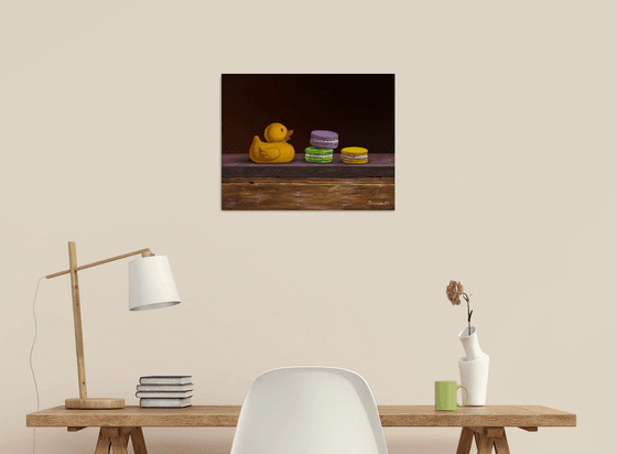 Still life swimming duck with croissant