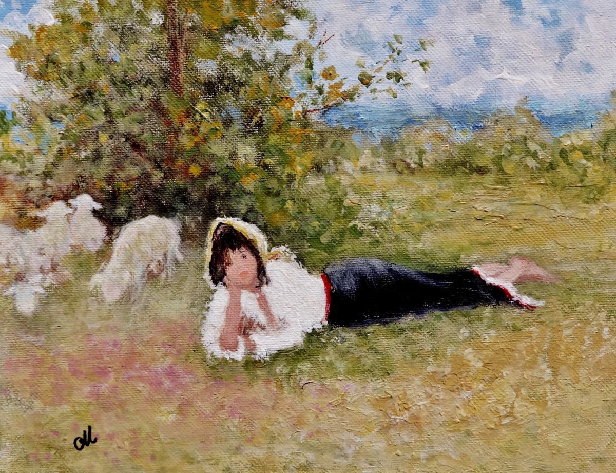 Impressionistic Landscape Acrylic Painting By Cristina Mihailescu, 10 X 8, The Little Shepherdess .., Original Artwork
