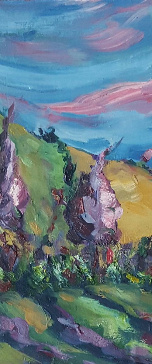 Rolling fields and Purple trees of sunset by Niki Purcell