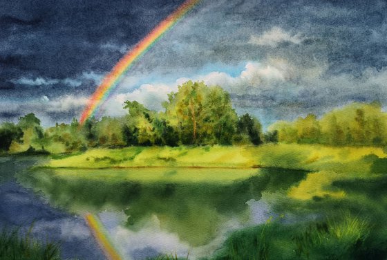 Rainbow Summer Landscape - rainbow over the lake