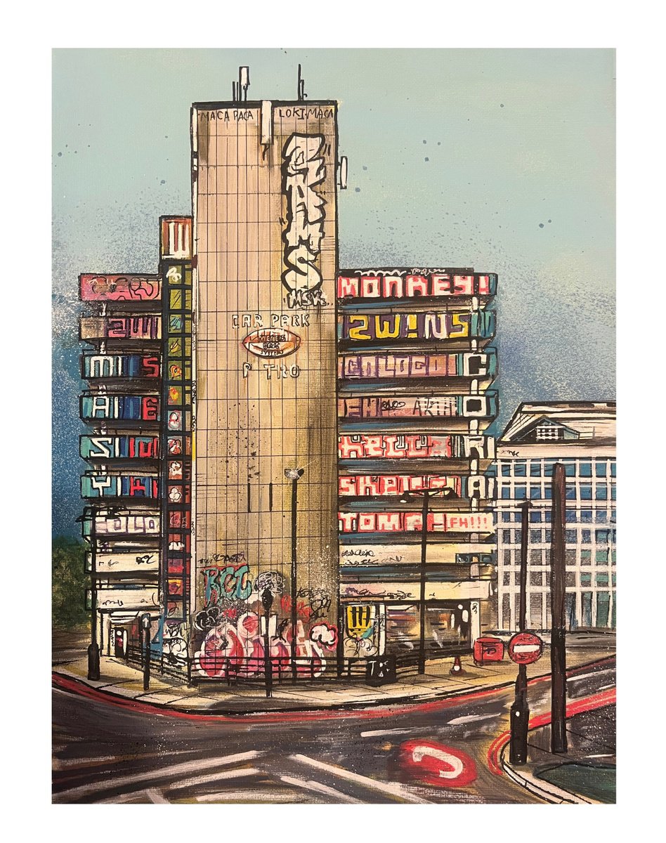Illustrative Cityscapes Painting By John Curtis, 12 X 16, Shoreditch Car Park, Original Artwork
