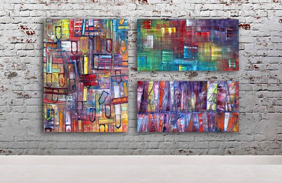 "It Will All Make Sense" - Original Xt Large PMS Abstract Triptych Oil Paintings On Canvas - 66" x 40"