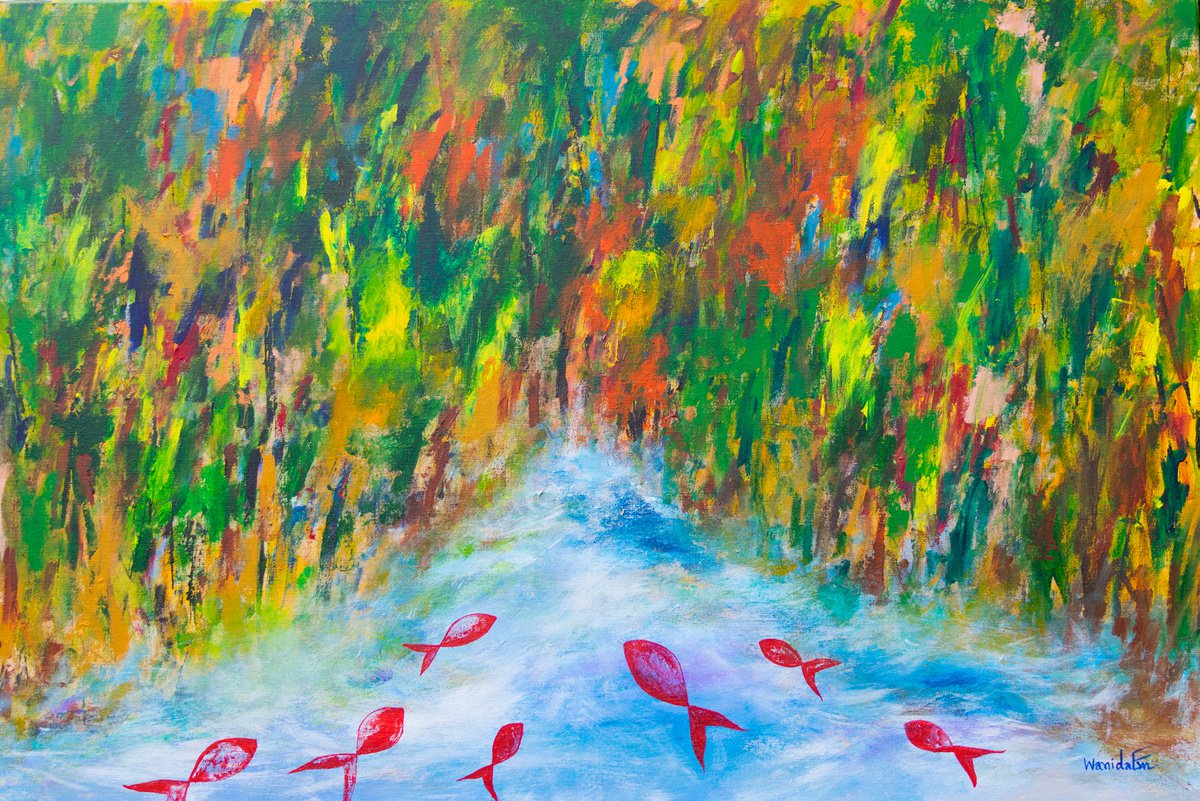 Red Fish Swim Wild, Originalabstract painting, Wall art, Ready to hang by WanidaEm by WanidaEm