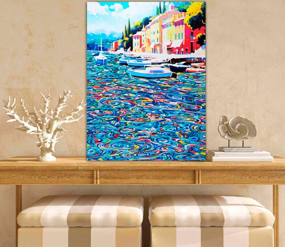 Sunny day in south coastal city. Bright seascape colorful sea waves with bright sun glares. Impressionistic landscape artwork. Original painting wall art home decor. Art Gift