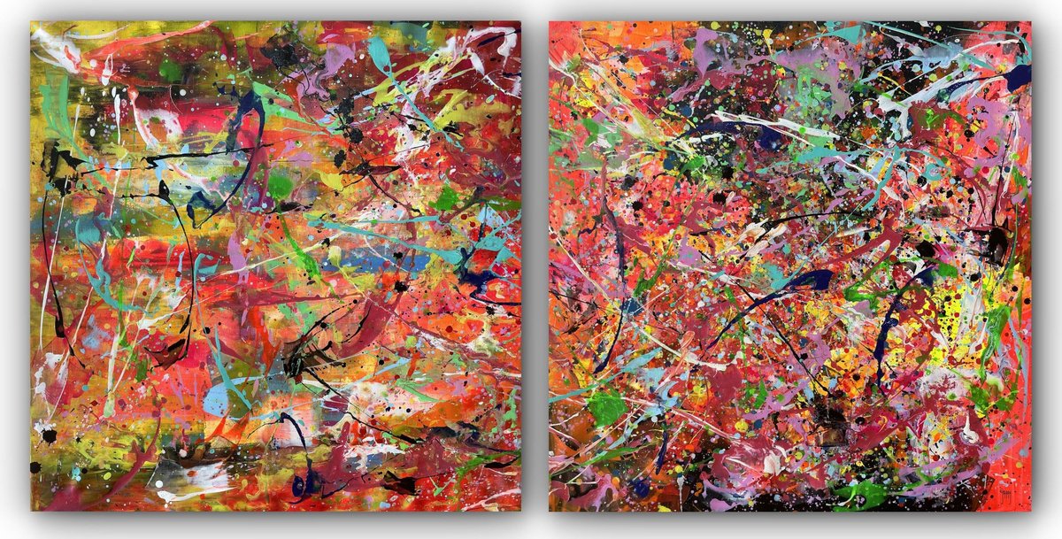 Abstract Acrylic Painting By Juan Jose Garay, 79 X 39", Diptych-Vibrant Eclipse, Original Artwork