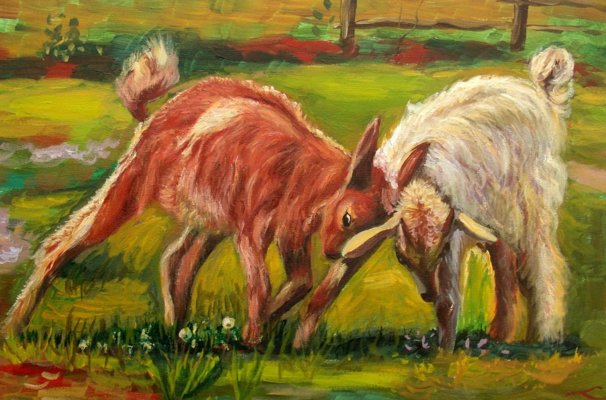 Impressionistic Animal Oil Painting By Elena Sokolova, 24 X 16, Goatlings, Original Artwork