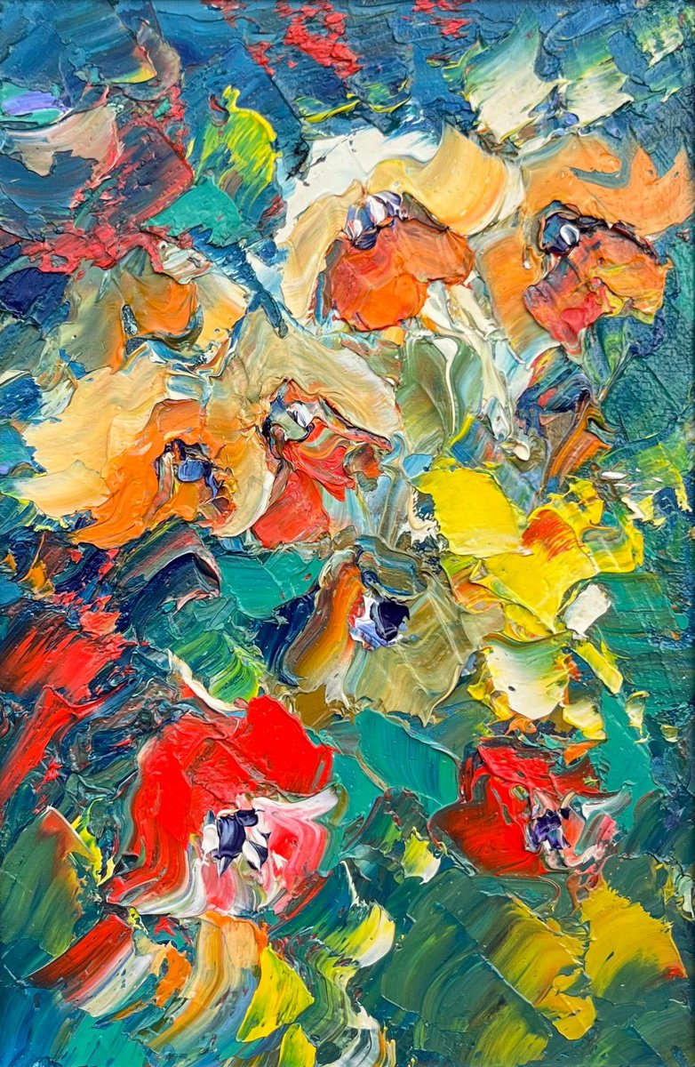 Abstract Botanical Oil Painting By Svitlana Andriichenko, 9 X 13", Passionate Flowers, Original Artwork
