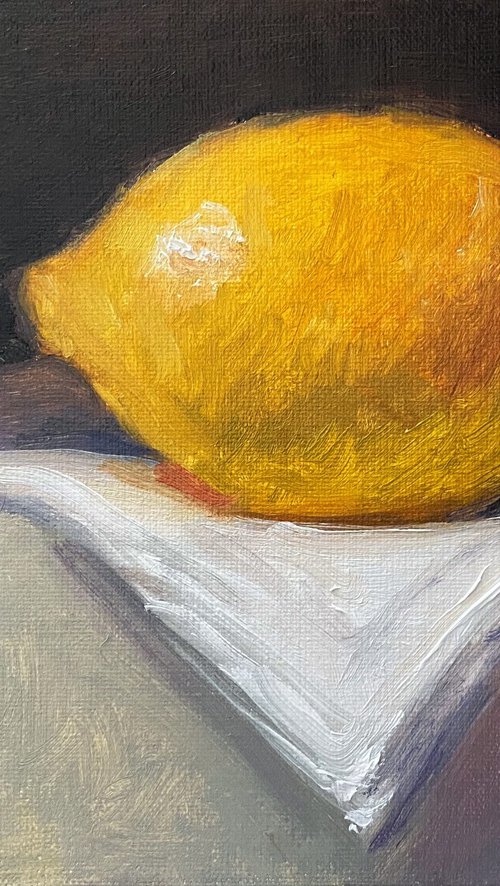 Lemon Still Life original oil realism painting, with wooden frame. by Jackie Smith