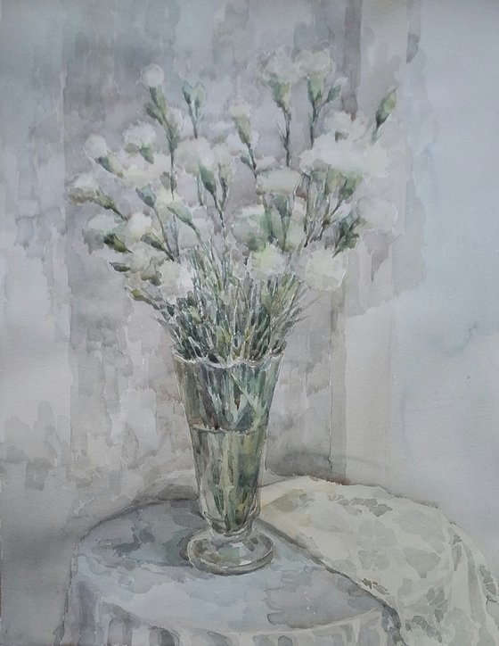 White carnations. Original watercolour painting.