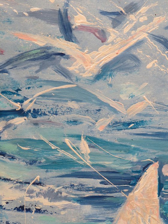 Large seascape painting 100x160 cm unstretched canvas "Sails" i009 art original artwork by artist Airinlea